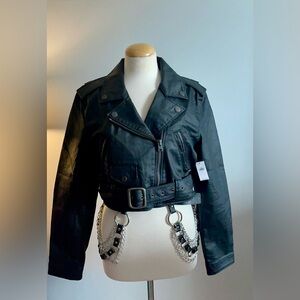 GapStudio x Zac Posen Coated Denim Crop Moto Jacket - Large, Brand New With Tags